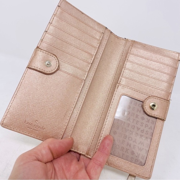 Kate Spade Shimmer Rose Gold Slim Bifold Leather Wallet 7” x 3.5” x 1” - Picture 7 of 10